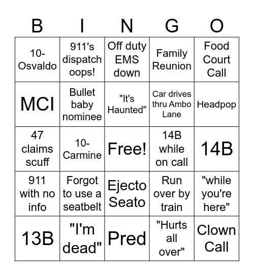 NoPixel EMS Bingo Card