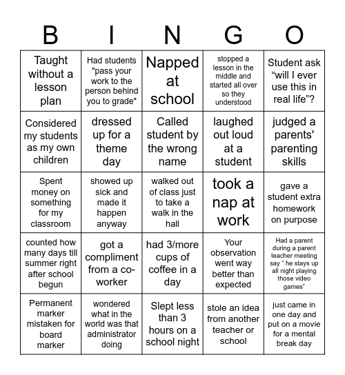 Never have I ever Teachers version Bingo Card