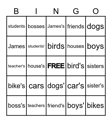 Possessive Nouns Bingo Card