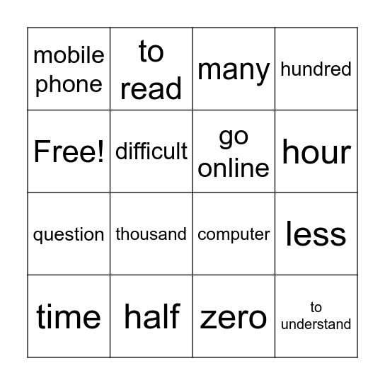 YCT 4 Lesson 1-2 Bingo Card