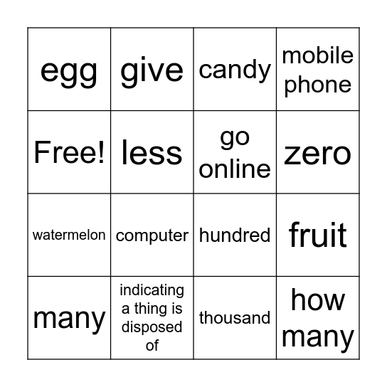 YCT 3 Lesson 11, YCT 4 Lesson 1 Bingo Card