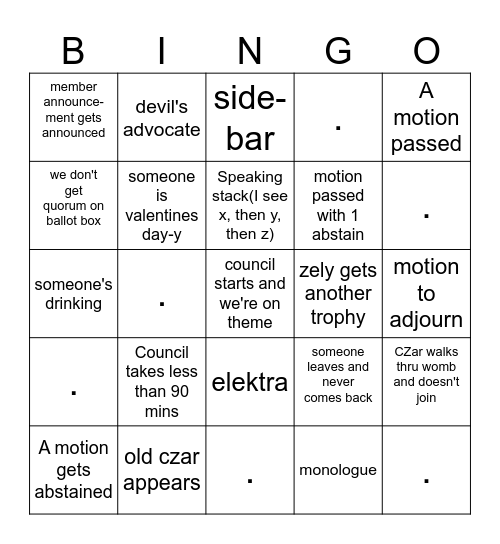 CZ Bingo Council!!!  (make ur own predictions on the blank squares) Bingo Card