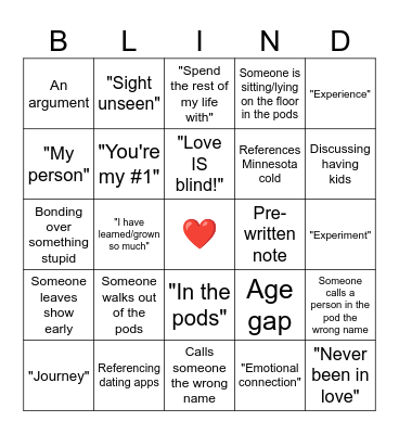 Love is Blind Bingo Card