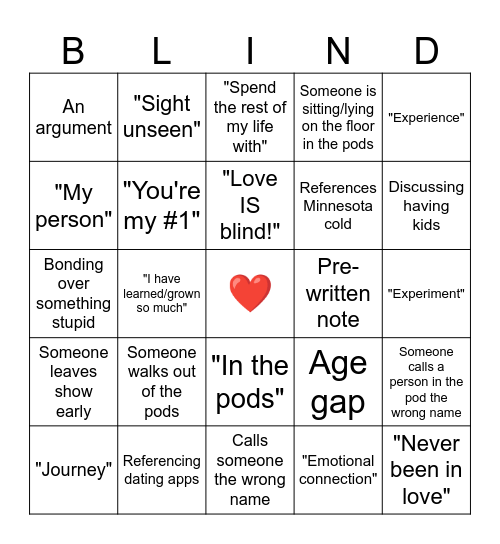 Love is Blind Bingo Card
