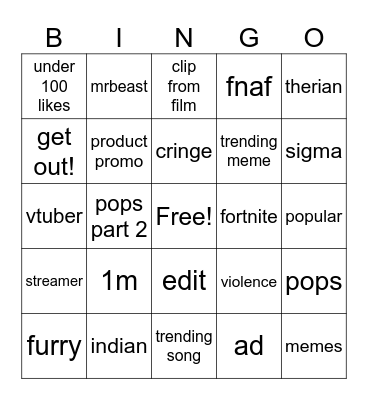 shorts bingo Card