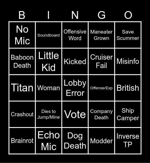 Public Lobby Bingo Card