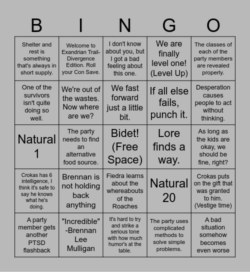 EXU- Divergence Episode 2 Bingo Card