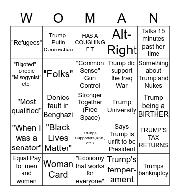 Hillary Clinton Bingo Card - September 26, 2016 Bingo Card