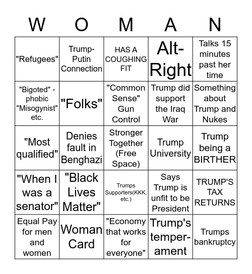 Hillary Clinton Bingo Card - September 26, 2016 Bingo Card