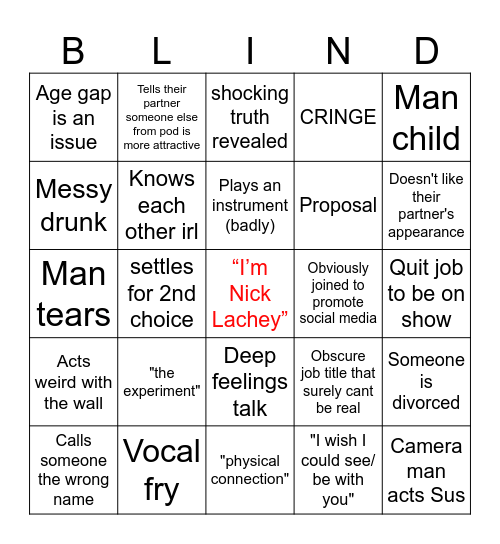Love is Blind Bingo Card