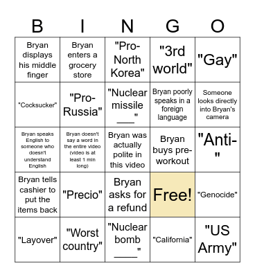 Bryan Schlosser Bingo Card