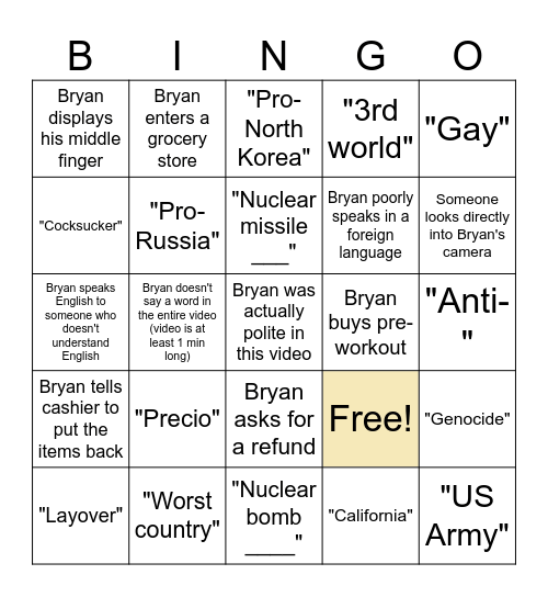Bryan Schlosser Bingo Card