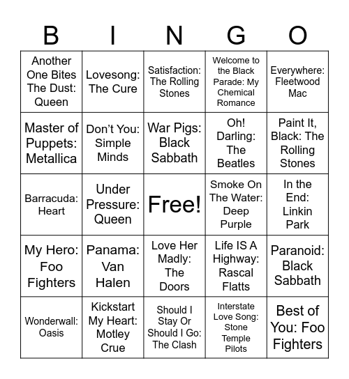 Legendary Bands Bingo Card