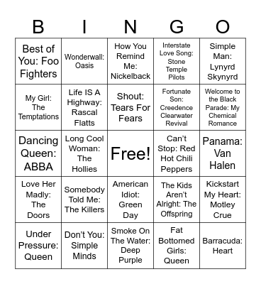 Legendary Bands Bingo Card