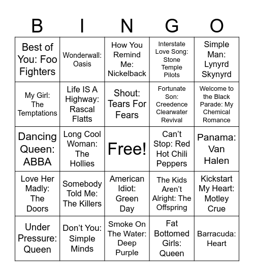 Legendary Bands Bingo Card