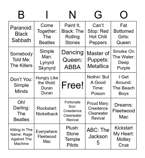 Legendary Bands Bingo Card