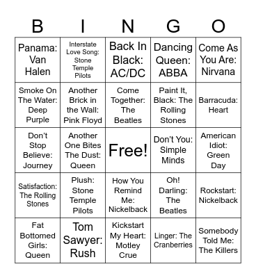 Legendary Bands Bingo Card