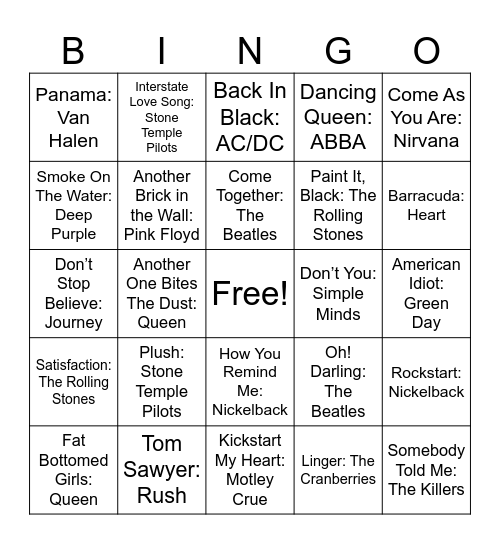 Legendary Bands Bingo Card