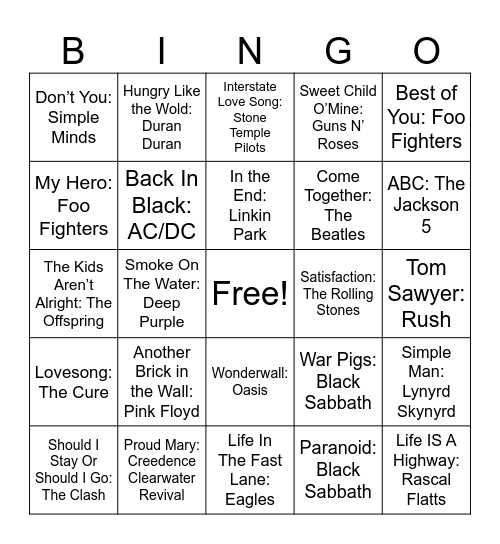 Legendary Bands Bingo Card
