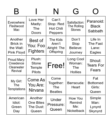 Legendary Bands Bingo Card