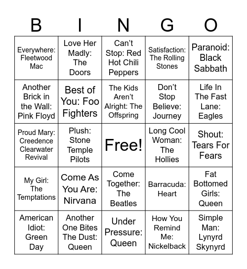 Legendary Bands Bingo Card