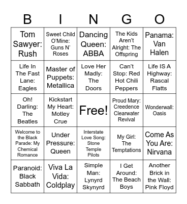Legendary Bands Bingo Card