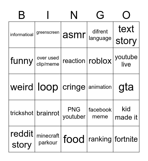 youtube shorts bingo Card