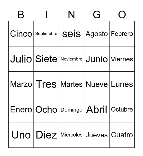 Bingo en Espanol Bingo Card