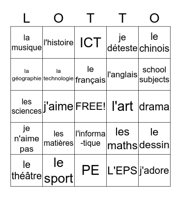 Les matières Bingo Card