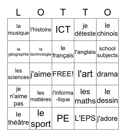 Les Matieres Bingo Card