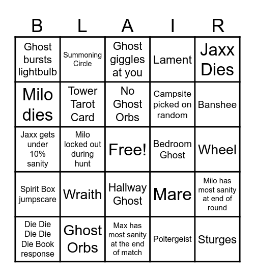 Blair Bingo Card