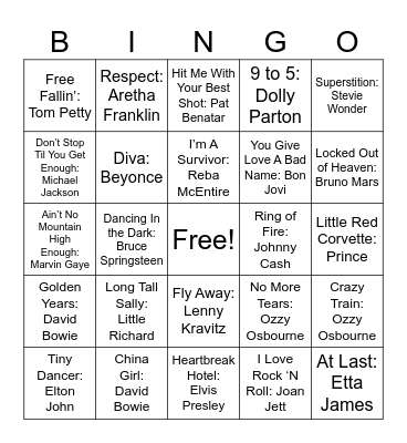 Legendary Singers Bingo Card
