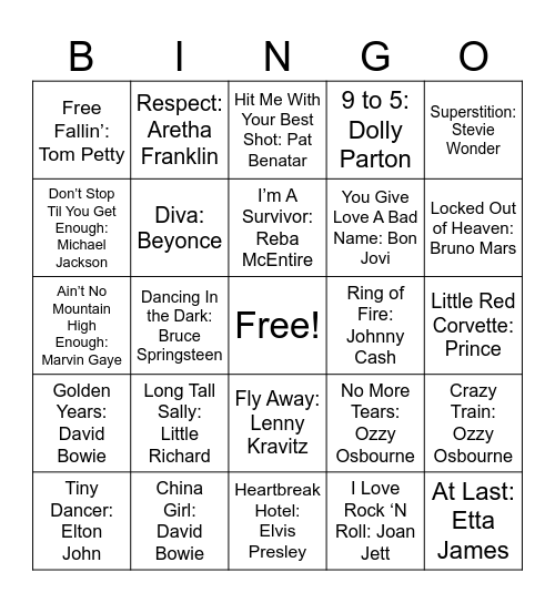 Legendary Singers Bingo Card