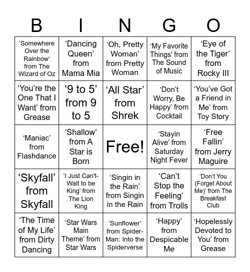 Movie Music Bingo Card