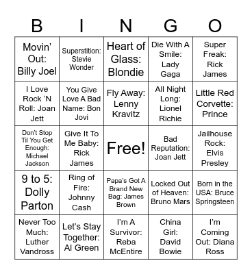 Legendary Singers Bingo Card