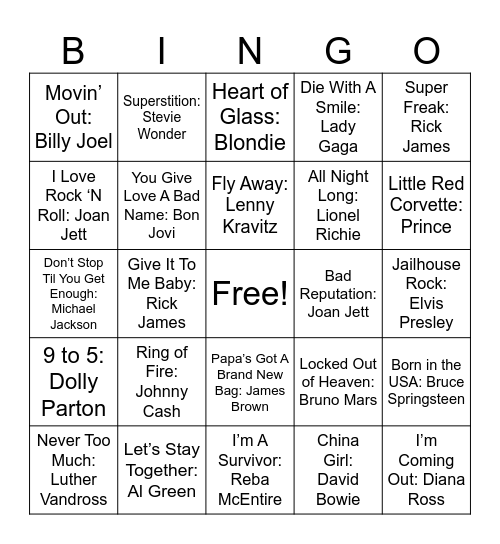 Legendary Singers Bingo Card