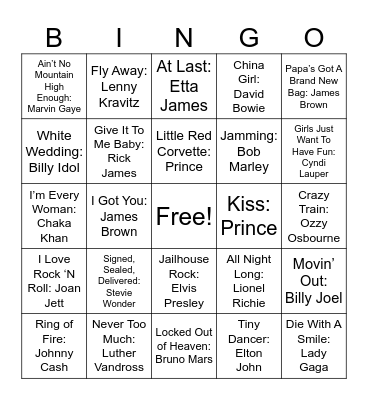 Legendary Singers Bingo Card
