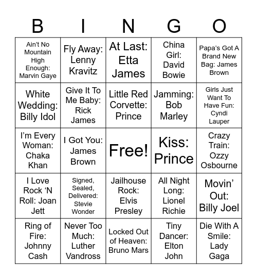 Legendary Singers Bingo Card