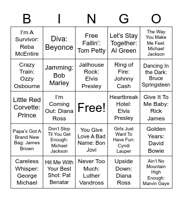 Legendary Singers Bingo Card