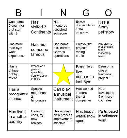 Fact Finding Bingo Card