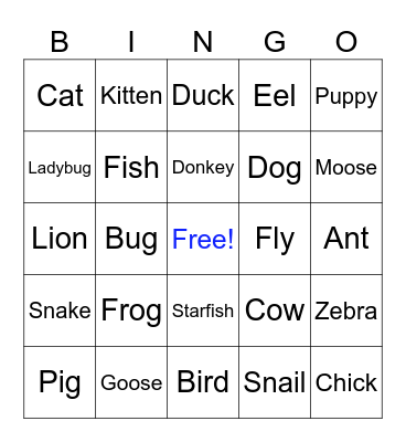 Animals Bingo Card