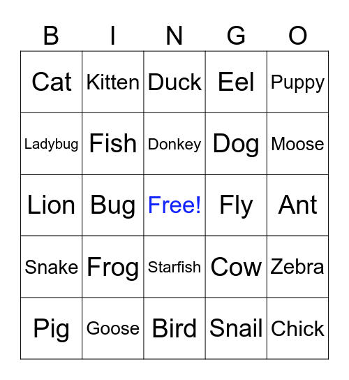Animals Bingo Card
