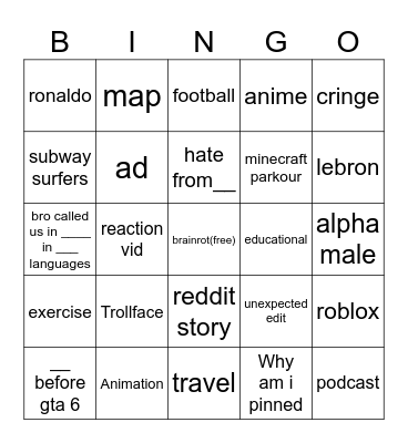 YT shorts Bingo Card