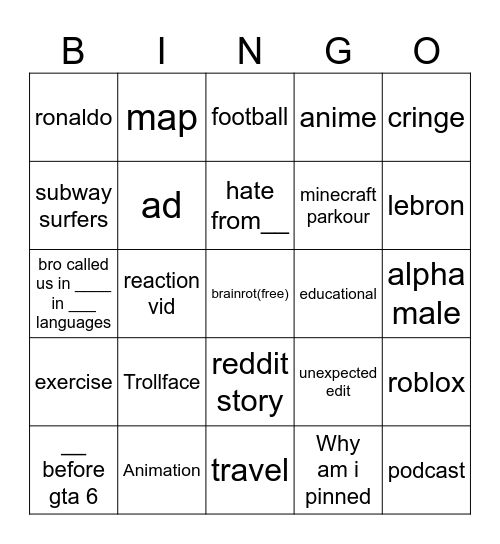YT shorts Bingo Card