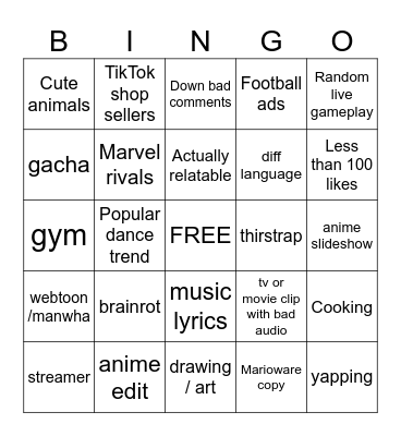 tiktok Bingo Card