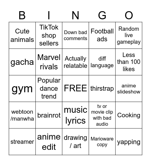tiktok Bingo Card