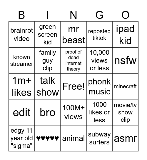 yt shorts bingo Card