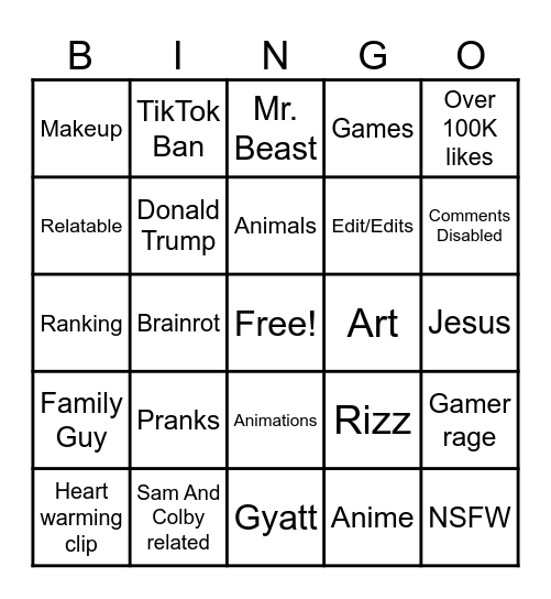 UntiYouTube Shorts Bingo Card