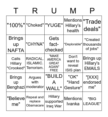 Trump Bingo Card - September 26, 2016 Bingo Card