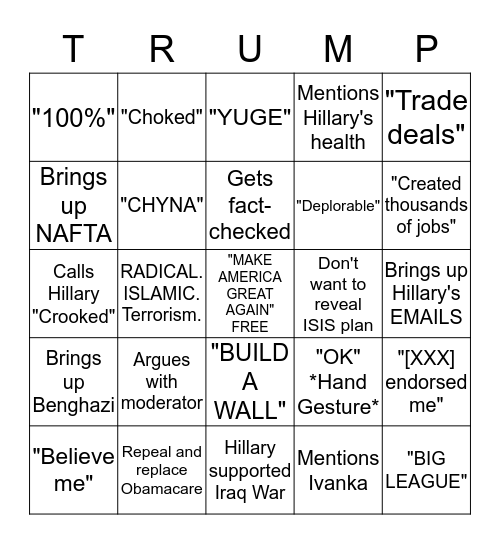 Trump Bingo Card - September 26, 2016 Bingo Card